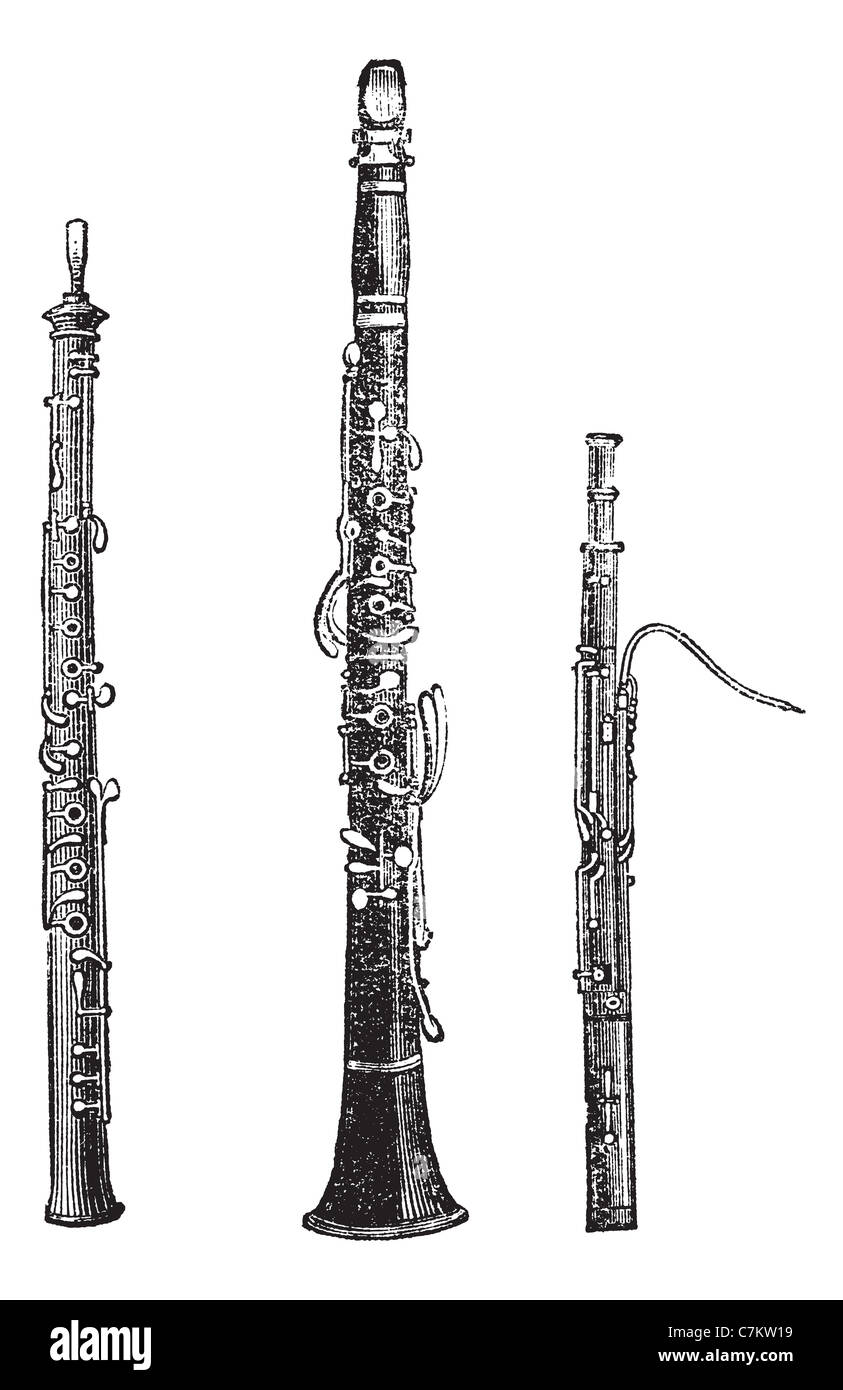 Flûte, clarinette, et basson, vintage engraved illustration. Encyclopédie Trousset (1886 - 1891). Banque D'Images