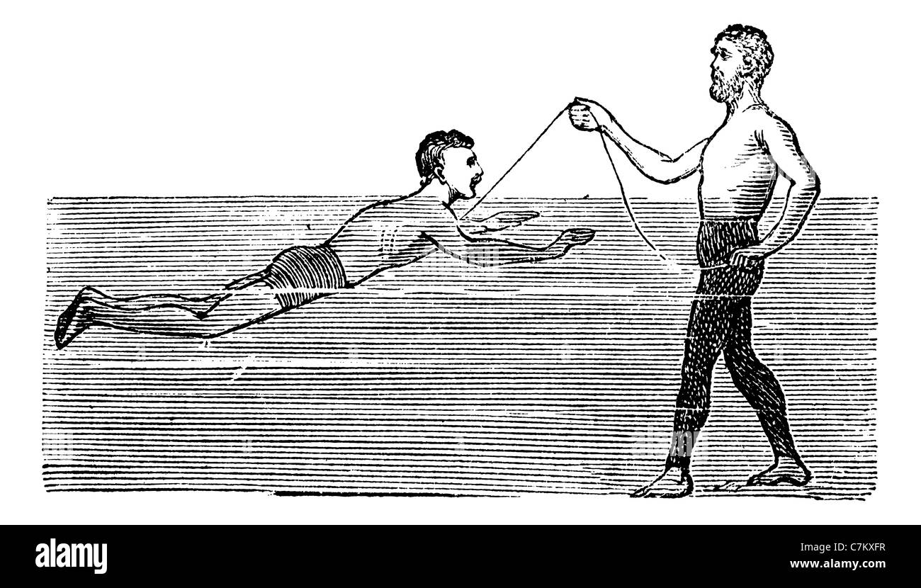 Apprendre à nager à l'aide d'une corde, vintage engraved illustration. Encyclopédie Trousset (1886 - 1891). Banque D'Images