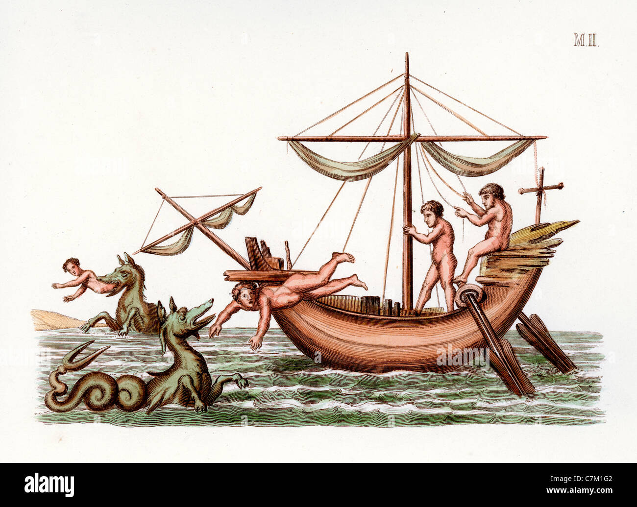 Illustration d'après une peinture dans les catacombes de Saint-Callixte, les navigateurs chasser des Jonas le chrétien dans la mâchoire des monstres Banque D'Images
