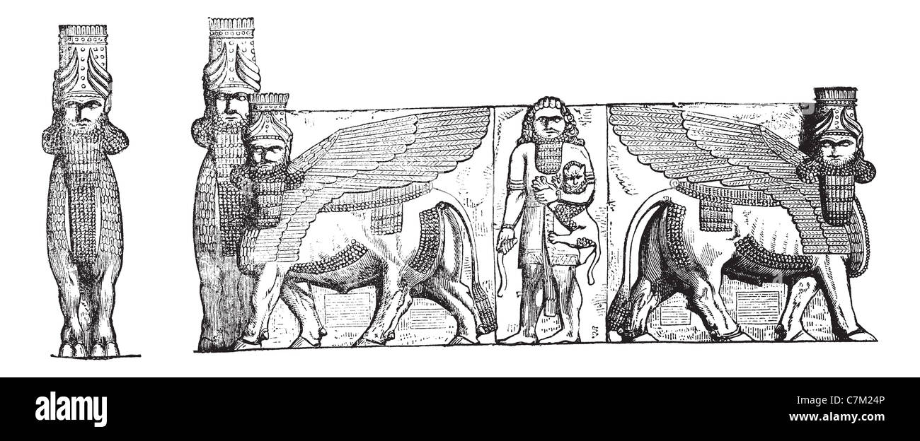 Reliefs à l'entrée de Kuyunjik, Ruines du palais vintage engraved illustration. Encyclopédie Trousset (1886 - 1891). Banque D'Images