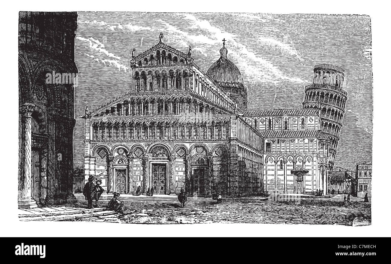 Tour Penchée, la cathédrale et le baptistère de Pise, vintage engraved illustration.encyclopédie Trousset (1886 - 1891). Banque D'Images