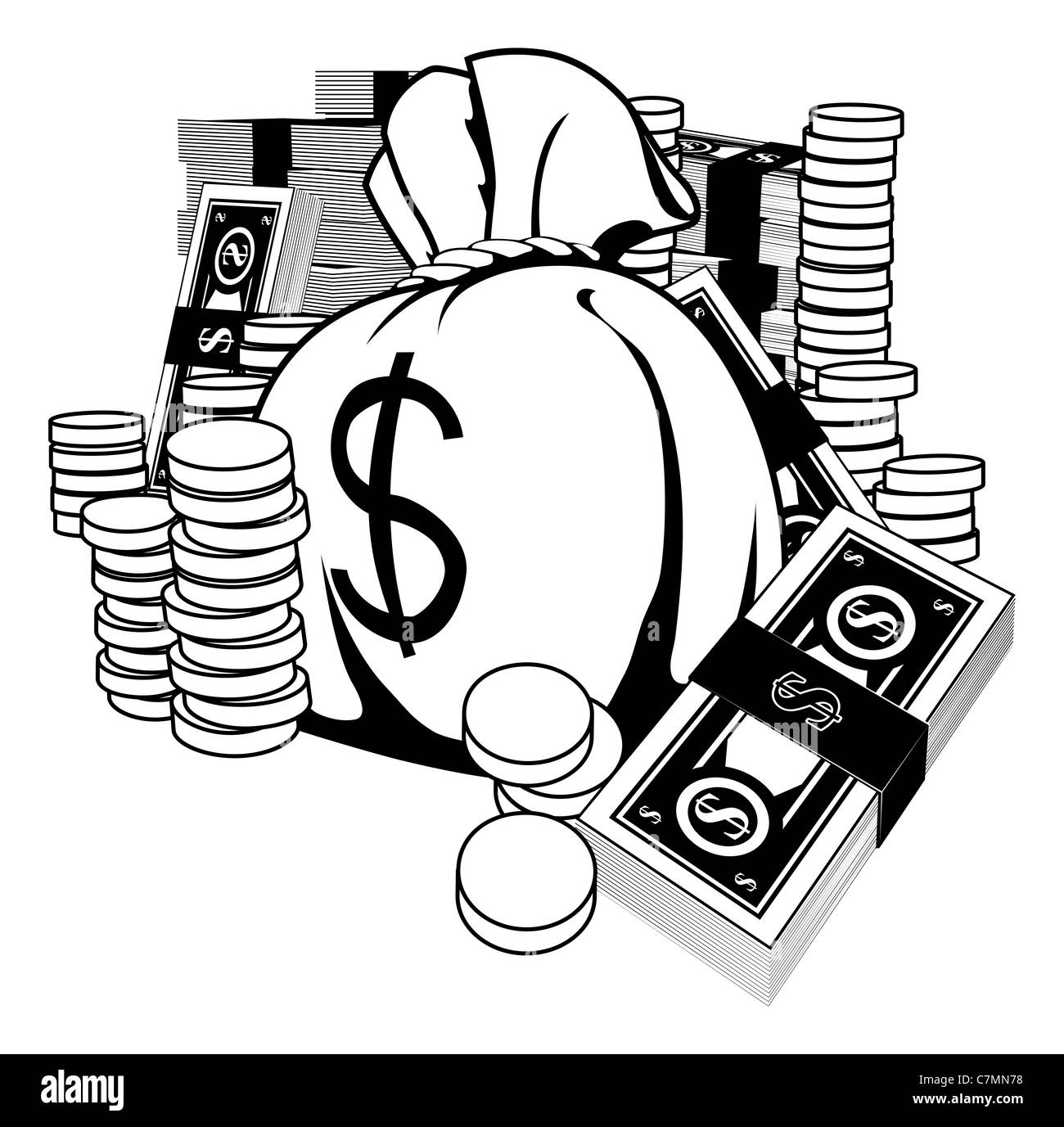 Illustration monochrome d'argent sous la forme d'espèces et de pièces d'or, avec le grand argent sac. Banque D'Images