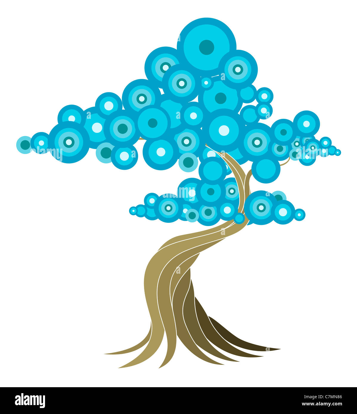 Abstract tree illustration de style oriental arbre avec cercles bleus. Banque D'Images