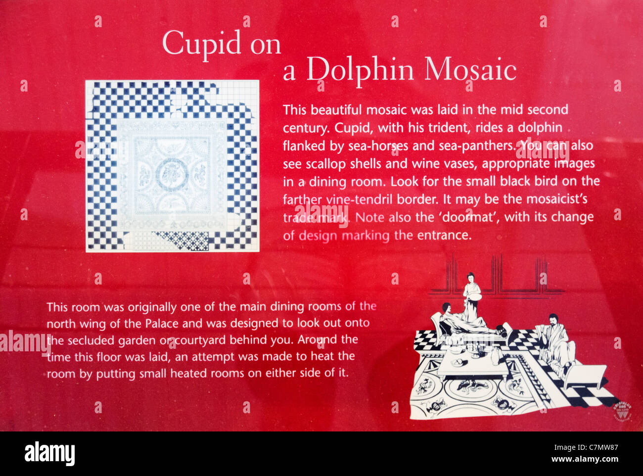 Informations sur le Cupidon sur un dauphin, la mosaïque Fishbourne Roman Palace, Chichester, près de Fishbourne, West Sussex, Angleterre Banque D'Images
