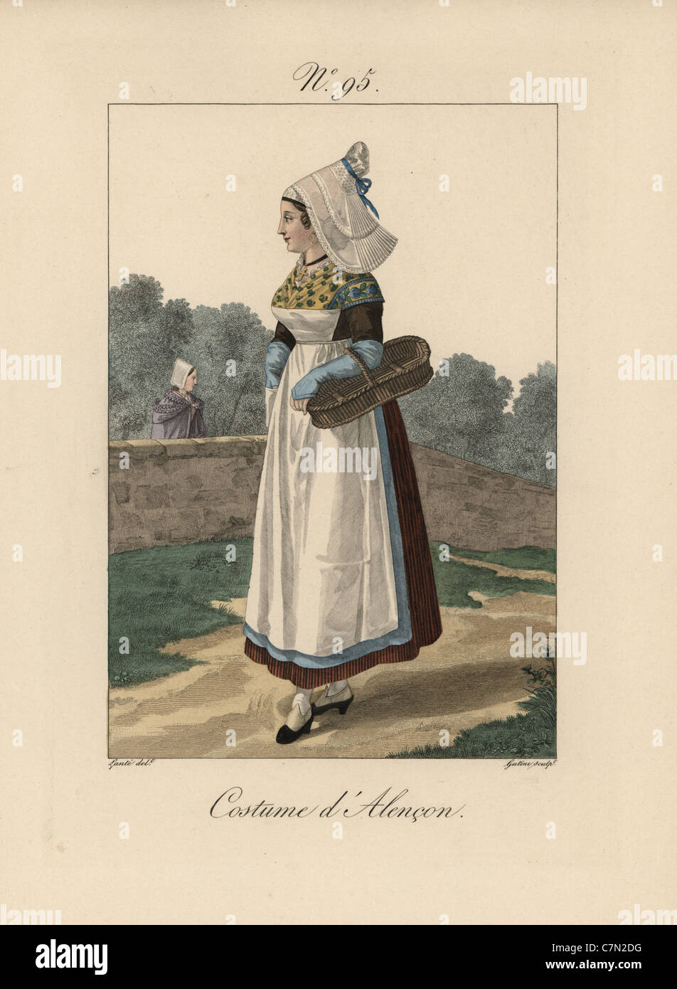 Costumes d'Alençon. Une femme revenant du marché. Banque D'Images