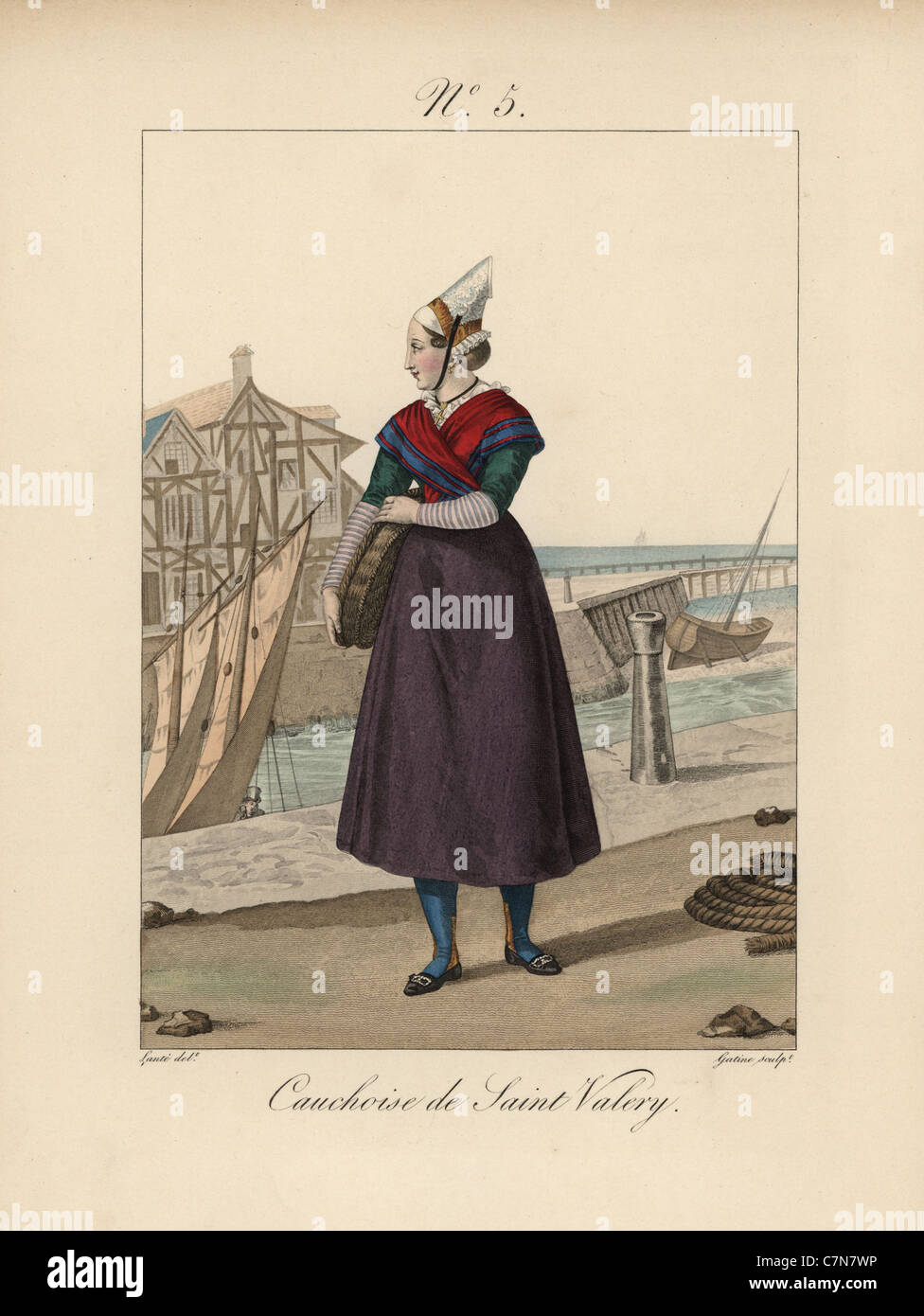 Femme du port de Saint Valery, portant un bonnet de carte couverte de soie et décoré avec de la dentelle, portant un panier. Banque D'Images