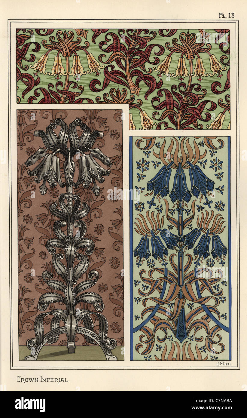 Couronne impériale fleurs, Fritillaria imperialis, papier peint et tissu dans des modèles, et que la conception d'un objet d'art en acier. Banque D'Images