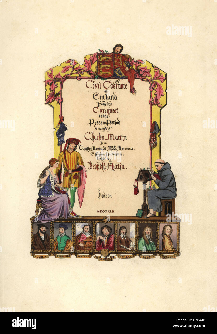 Page de titre illustrée par un héraut, un moine, et une dame en robe médiévale. Banque D'Images