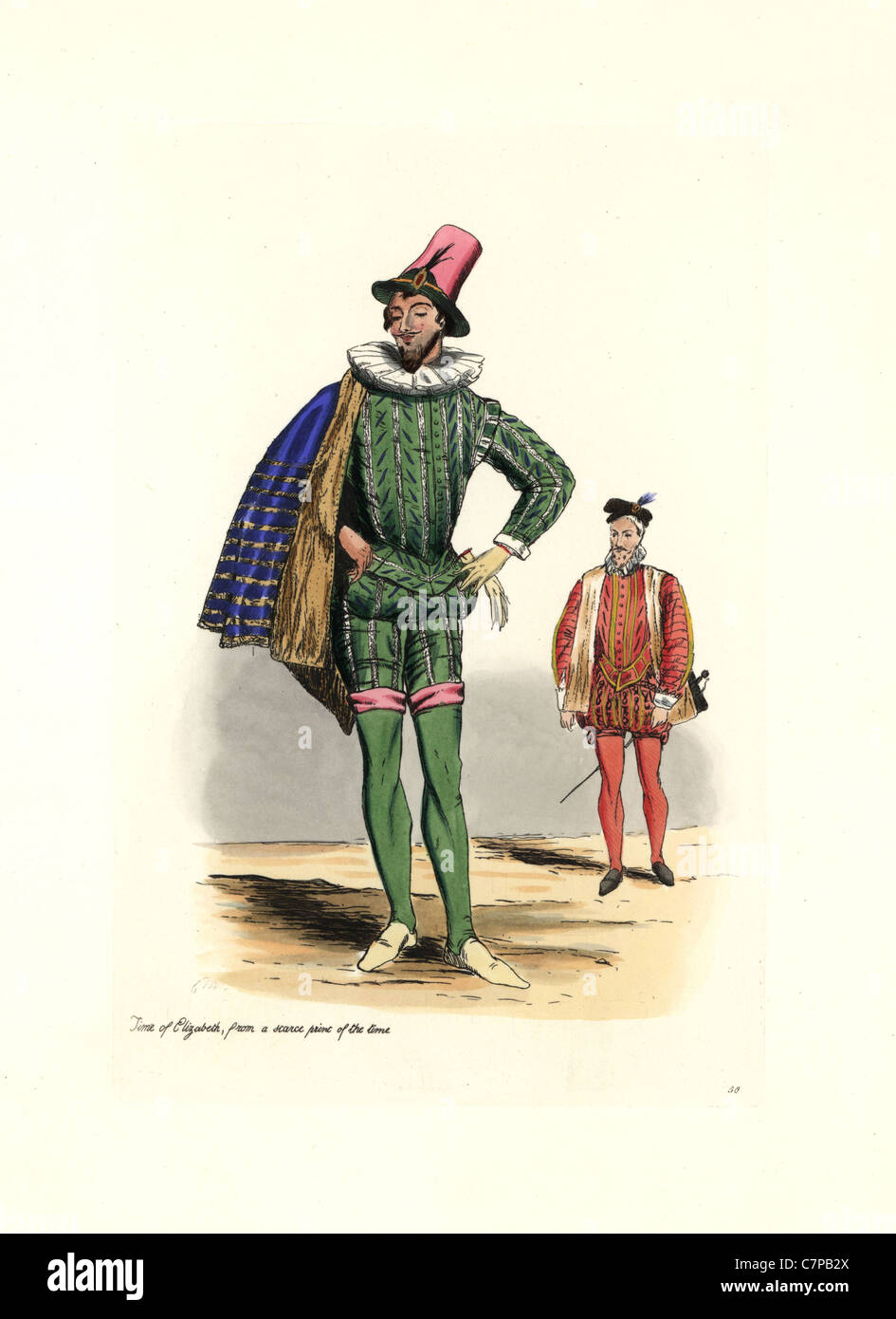 La mode masculine de l'époque d'Elizabeth I, d'une impression rare de l'époque. Banque D'Images