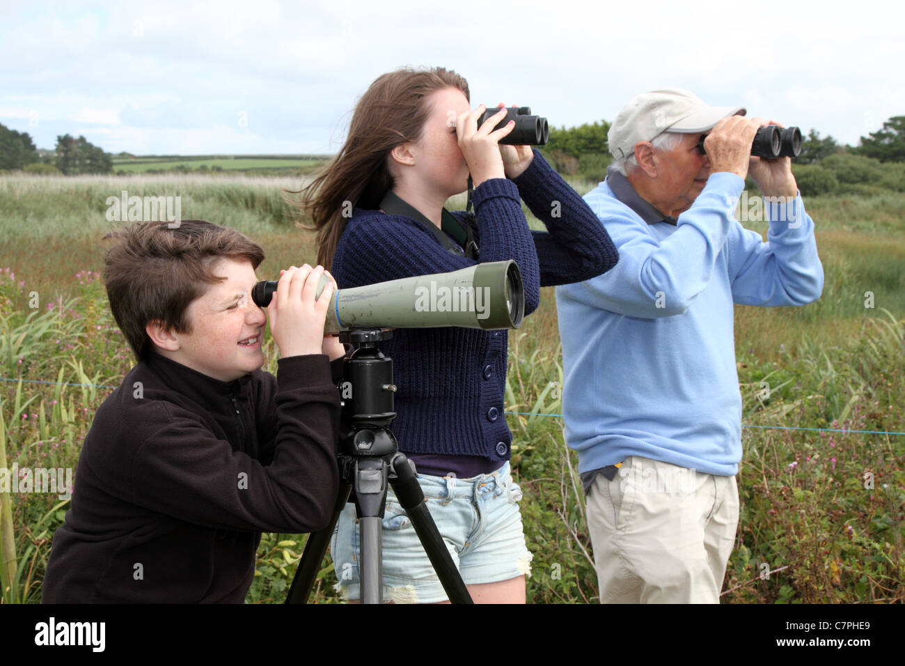 L'observation des oiseaux ; famille ; Cornwall Marazion, UK Banque D'Images