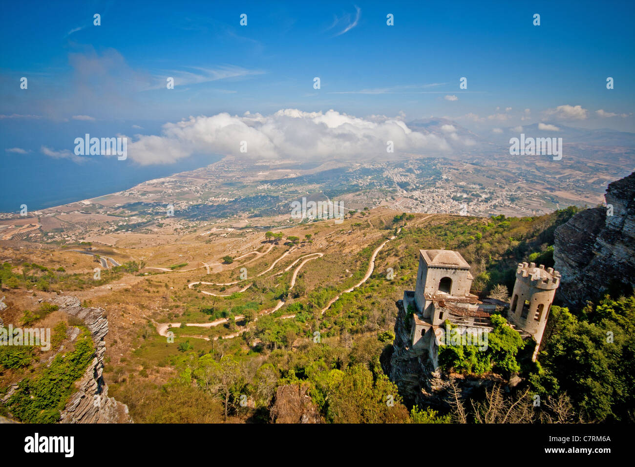 Vue depuis la montagne vers Trapani Erice Banque D'Images