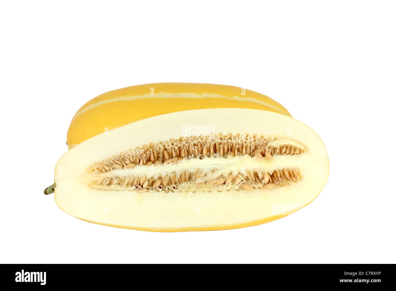 Cucumis melo Melon coréen var fruit makuwa isolated on white Banque D'Images