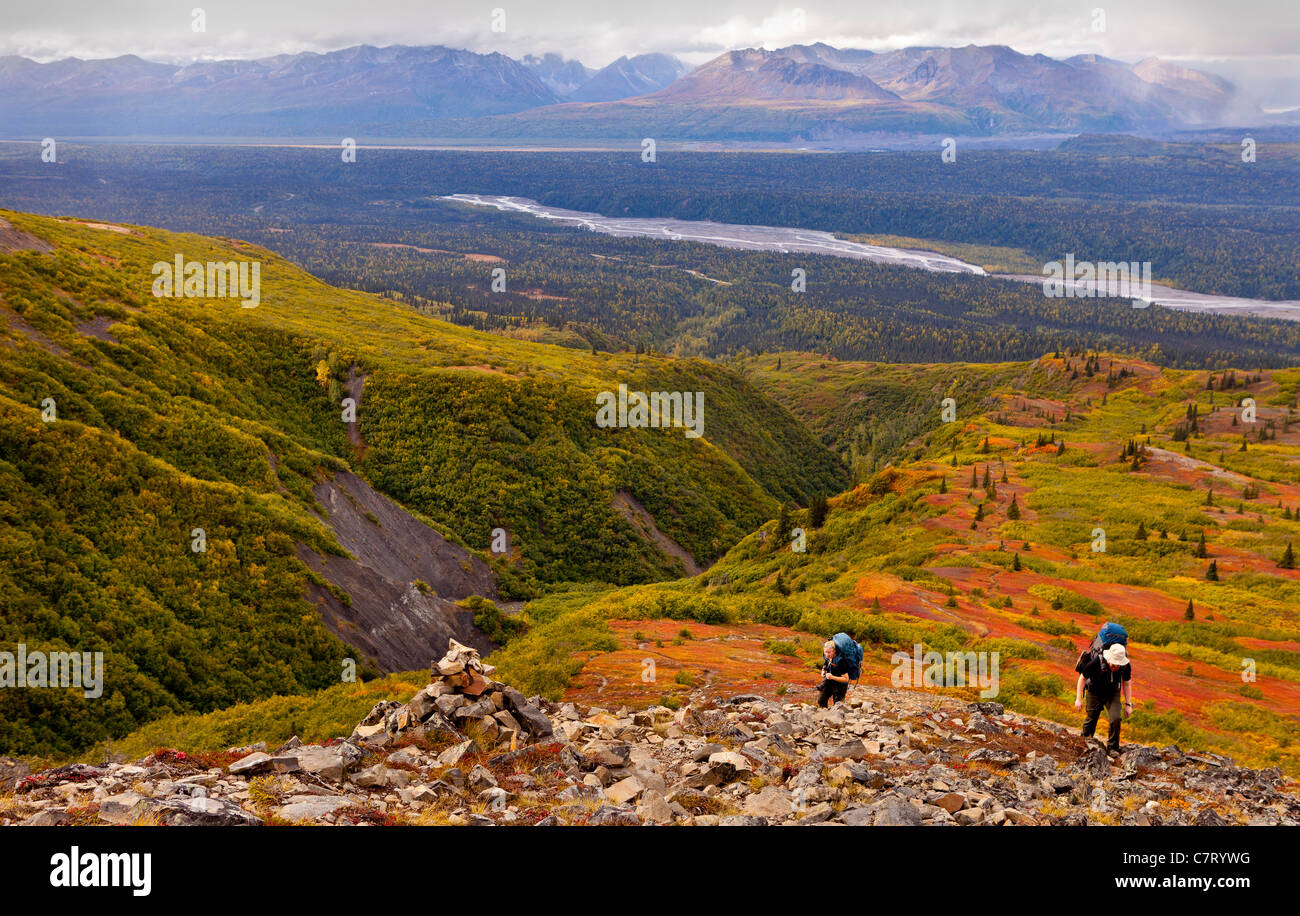 DENALI STATE PARK, Alaska, USA - Les Randonneurs escalader Kesugi Ridge. La vallée de la rivière Chulitna à distance. Banque D'Images