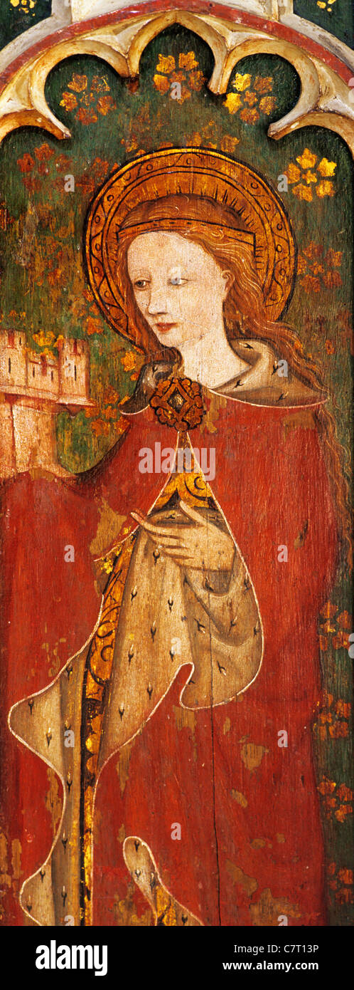 Barton Turf, Norfolk, jubé, Sainte-Barbe, tenant une tour du château médiéval anglais, détail, peintures peinture écrans Banque D'Images