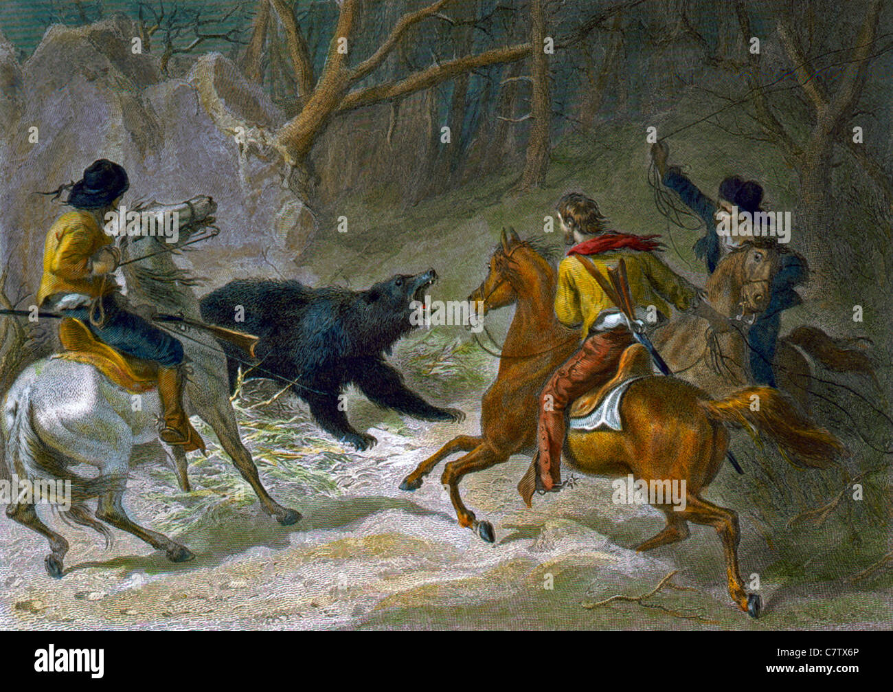 Les Californiens indigènes lasso un ours - trois hommes à cheval lasso un ours, vers 1873 Banque D'Images