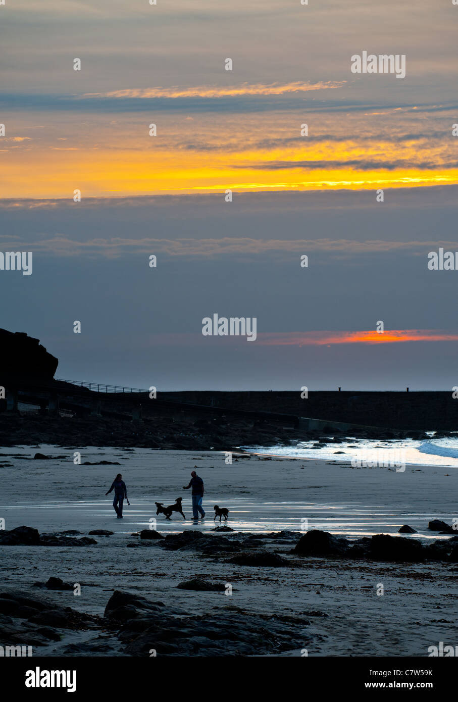 Les gens et leurs chiens sur la plage de Sennen au coucher du soleil. Banque D'Images