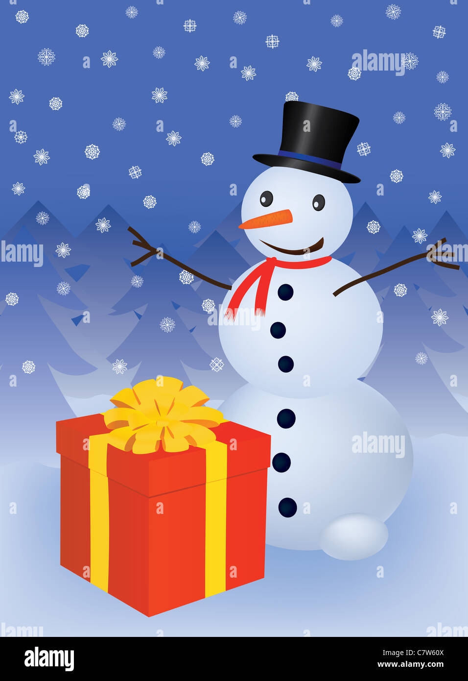 Le SNOWMAN with gift box vector illustration Banque D'Images