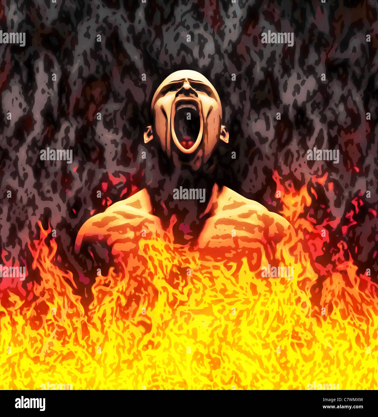 Illustration peinte d'un homme qui crie en flammes Banque D'Images