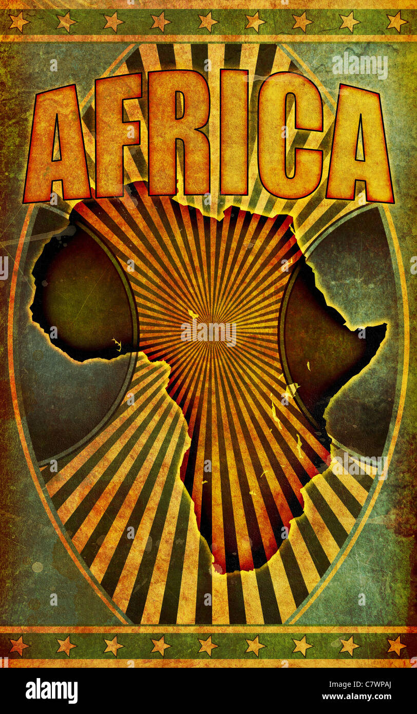 Un style rétro, grunge poster illustration avec le mot Afrique en bold titre lettrage et une silhouette graphique du continent Banque D'Images