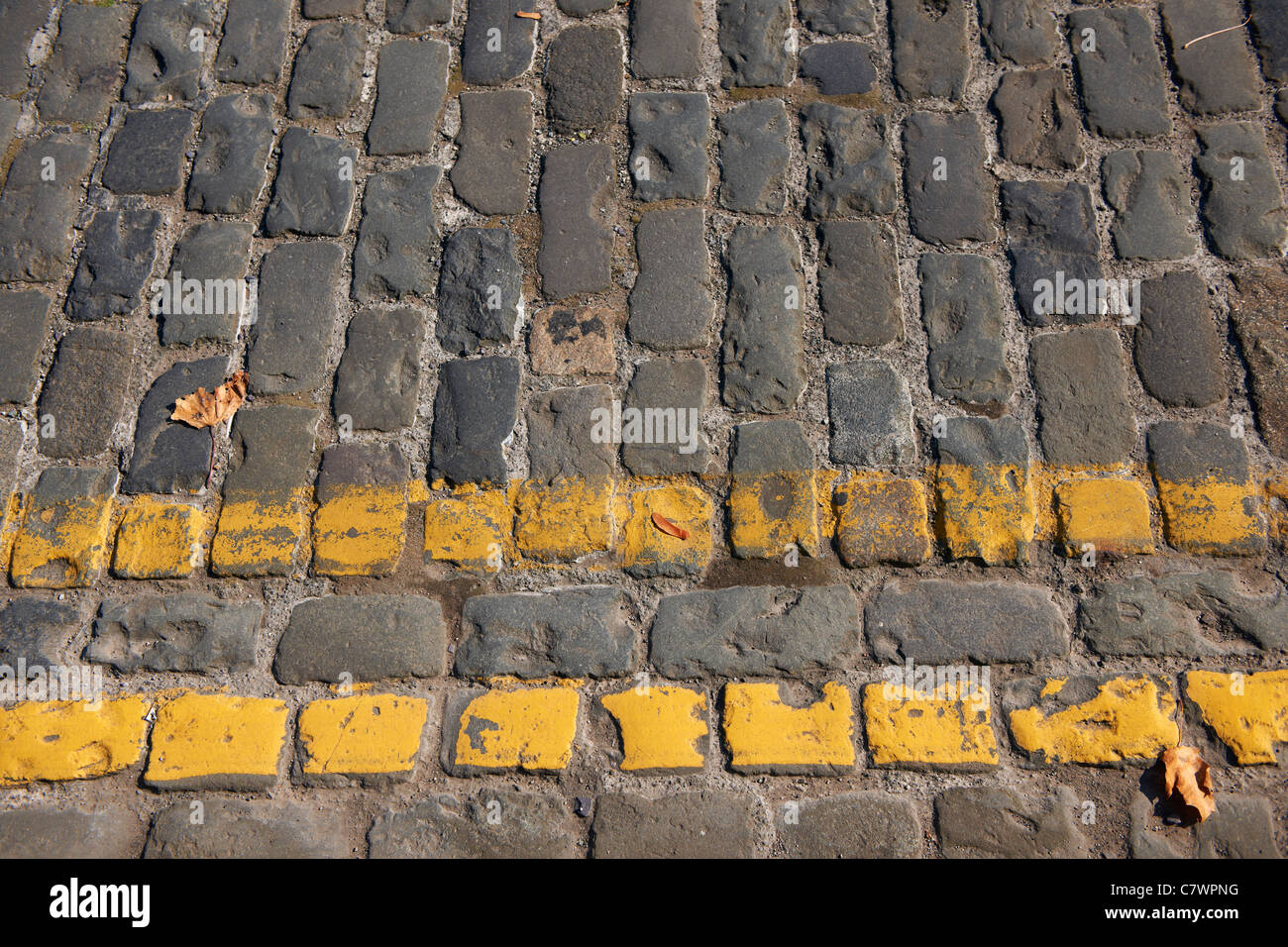 Double peint des lignes jaunes sur la rue pavée Banque D'Images
