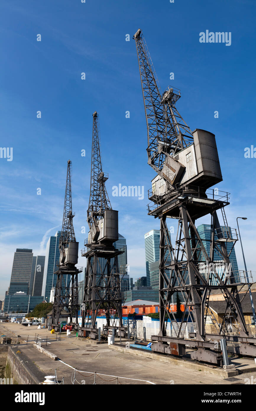 Les quais de l'ouest de l'Inde avec l'ancien grues et Canary Wharf en arrière-plan, Docklands, London, England, UK. Banque D'Images