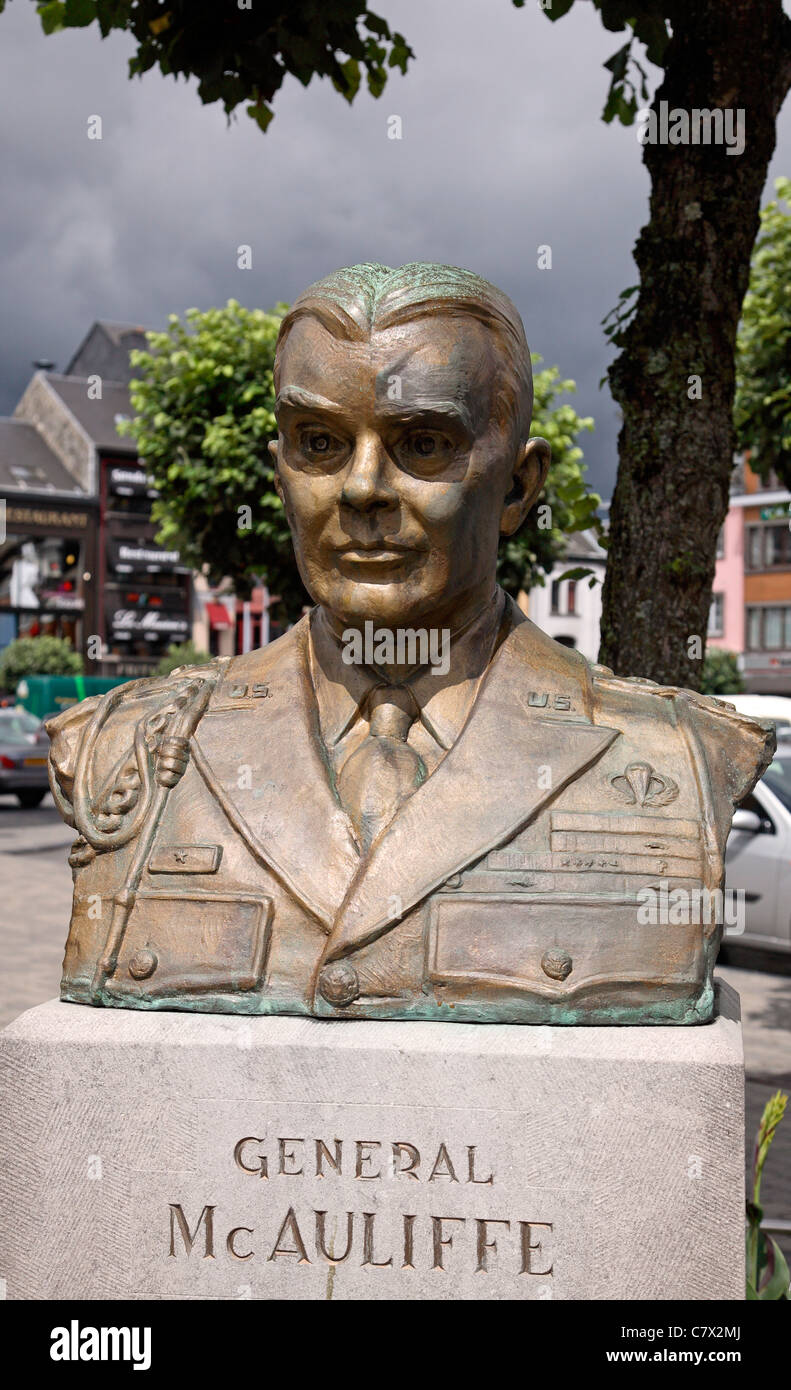 Statue du Général McAuliffe, général américain, Bastogne, Belgique Banque D'Images