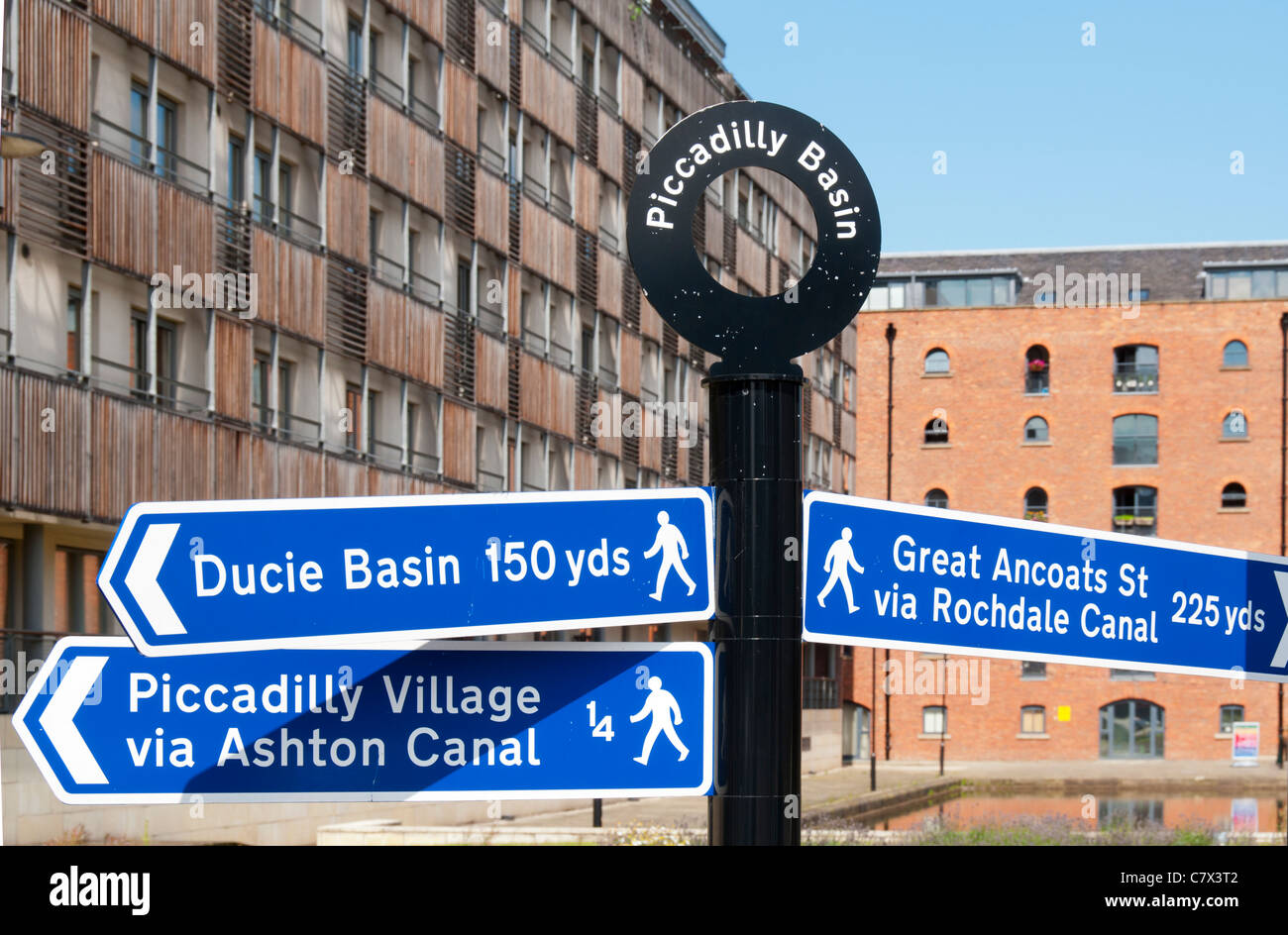 Un signe en direction du bassin de Piccadilly sur le canal de Rochdale, Manchester, Angleterre, RU Banque D'Images