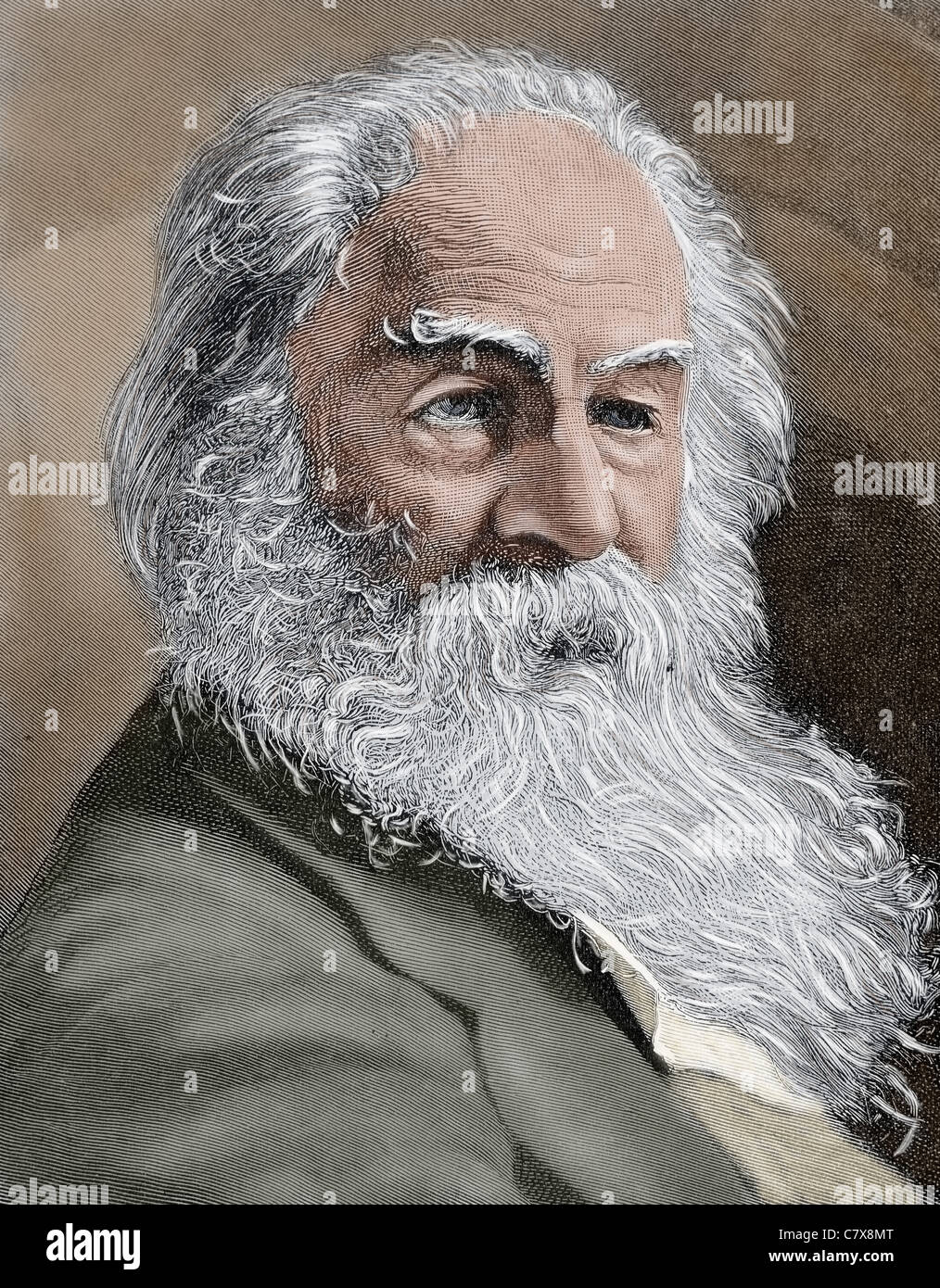 Walt Whitman (1819-1892). Le poète américain., essayiste et journaliste. Gravure en couleur du 19ème siècle. Banque D'Images