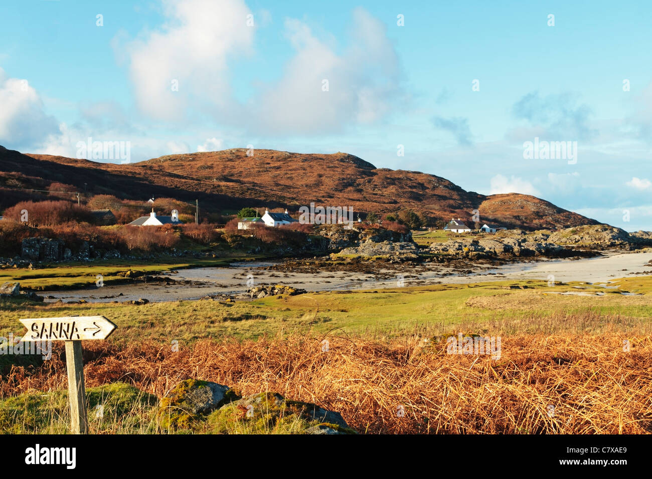 Sanna, panneau du village, Sanna, baie de Sanna, vue typique du Portuaik à la promenade côtière de Sanna, en direction de Senna, Ardnamurchan, Écosse, Royaume-Uni Banque D'Images