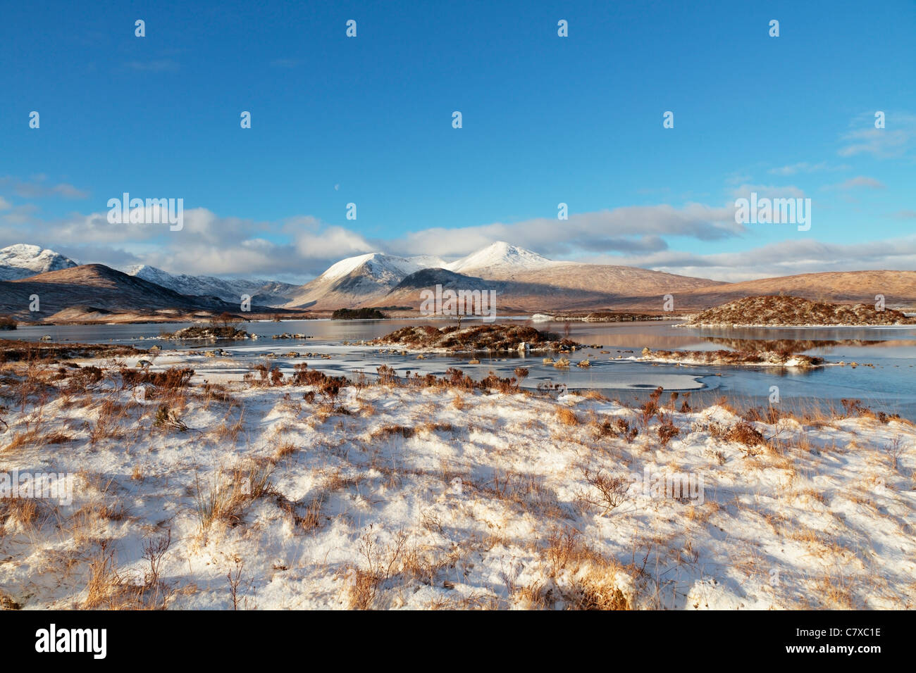 Rannoch Moor en hiver, Loch Nah-Ahlaise (Lochan Na H Achlaise) Mont noir en arrière-plan, région des Highlands, Écosse, Royaume-Uni Banque D'Images