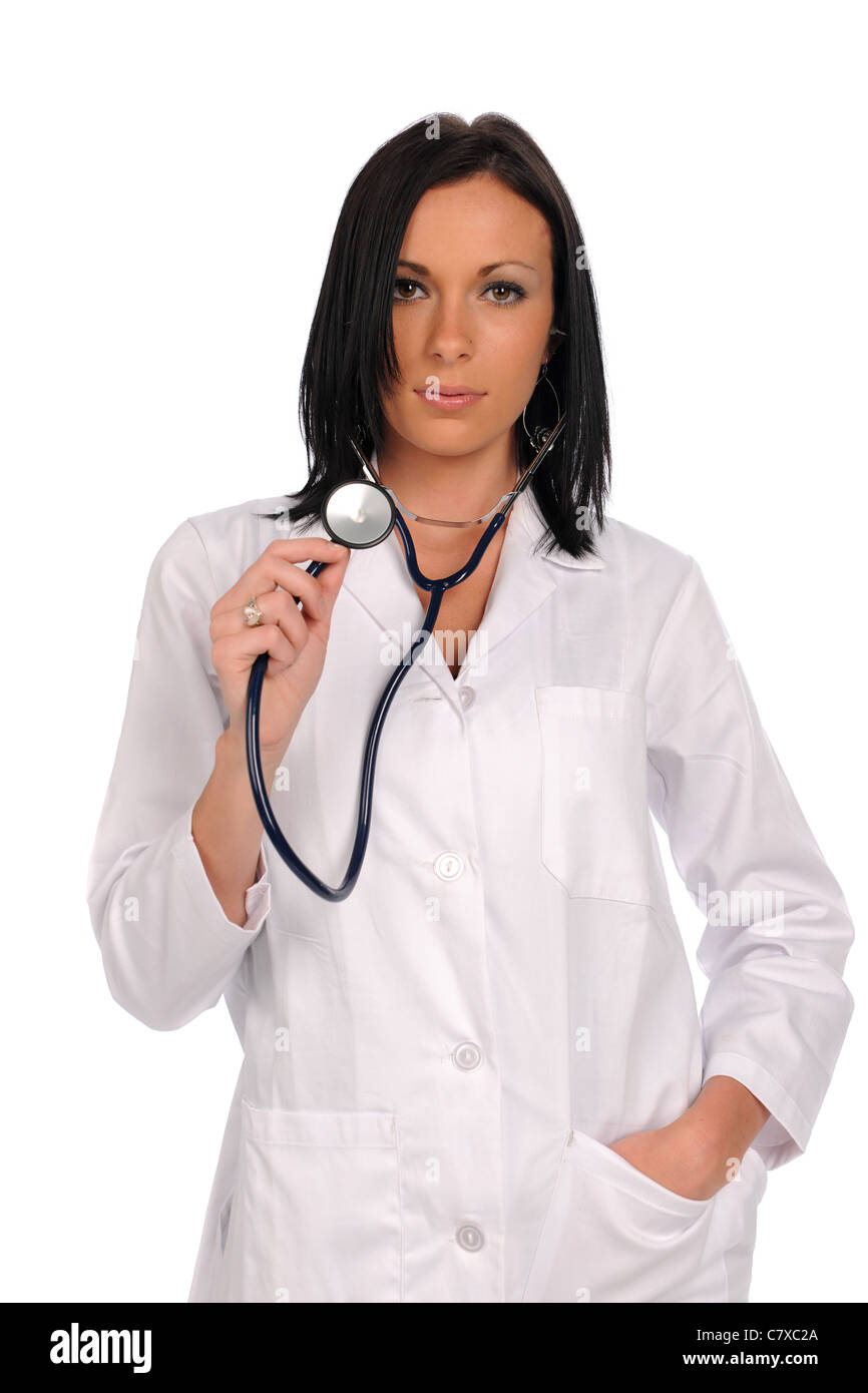 Young Doctor holding stethoscope isolé sur fond blanc Banque D'Images