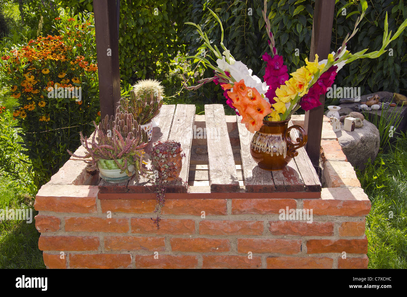 Cactus et fleurs multicolores en dapped vase. Banque D'Images