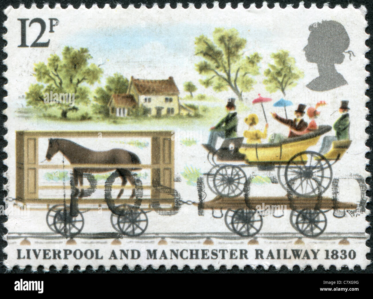 Royaume-uni -1980 : un timbre imprimé en Angleterre, est consacré à la 150e anniversaire de la ligne de chemin de fer Liverpool-Manchester Banque D'Images
