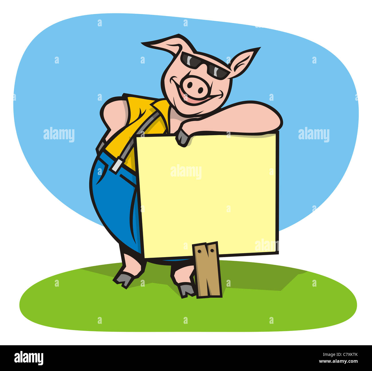 Un cochon cool avec un signe prêt à transmettre votre message. Banque D'Images