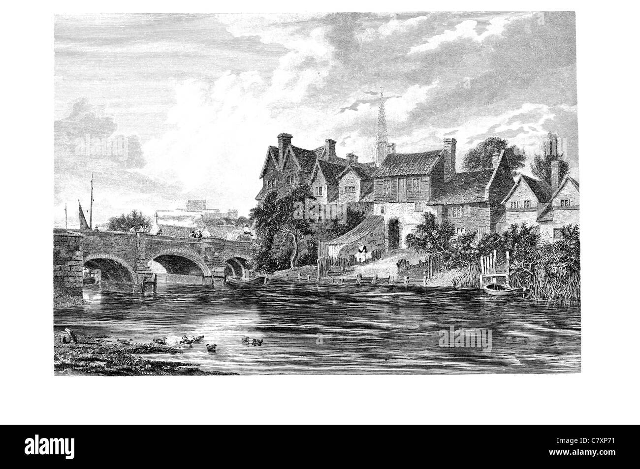 Pont évêques Norwich City Angleterre Norfolk Révolution Industrielle river clocher d'église paroissiale de circulation routière canard canards maison maisons Banque D'Images
