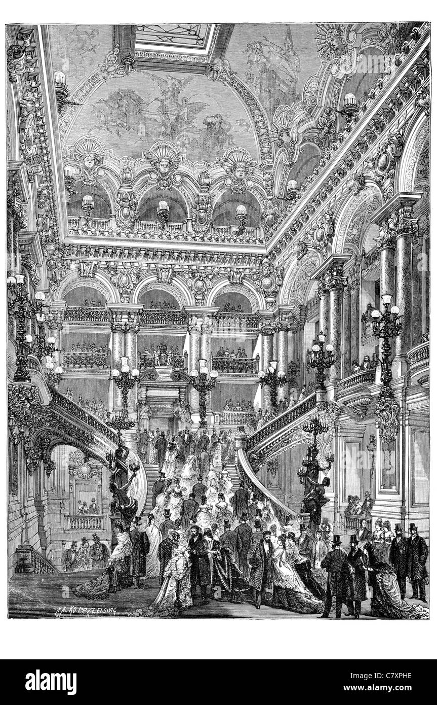 Grand escalier de l'Opéra de Paris France Louis XIV Royale de Musique Théâtre national d'opéra Bastille ballet ballets interior Banque D'Images