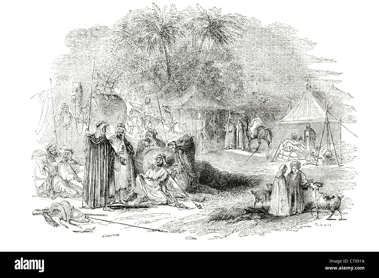Campement de tentes camp de bédouins d'affaires du commerce de l'esclavage esclaves des gens d'échange de trafic trafic chameau tribu du désert Banque D'Images