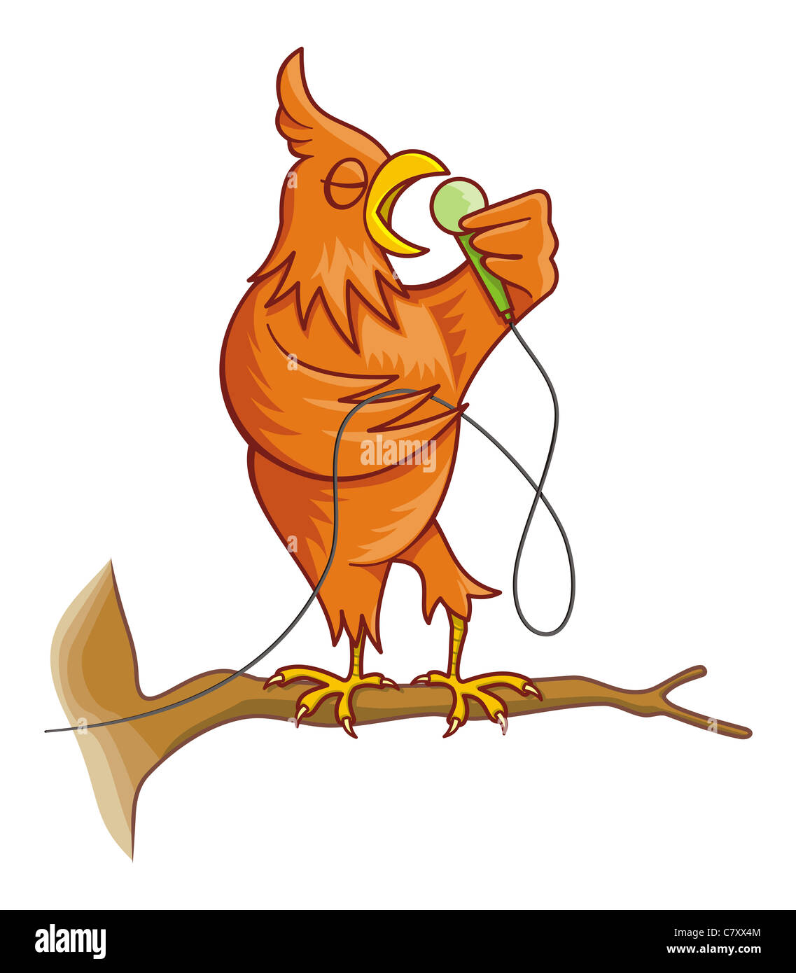 Cartoon illustration d'un secteur de l'orange comme un oiseau sur une branche d'arbre le chant. Banque D'Images