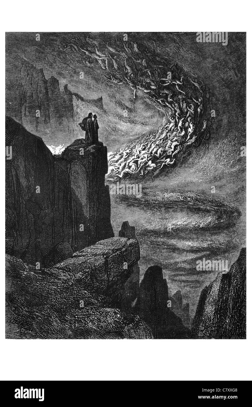 Souffle orageux de l'enfer avec fureur sans repos entraîne les esprits sur la Vision de l'enfer Dante Alighieri Gustave Doré divine comédie Banque D'Images