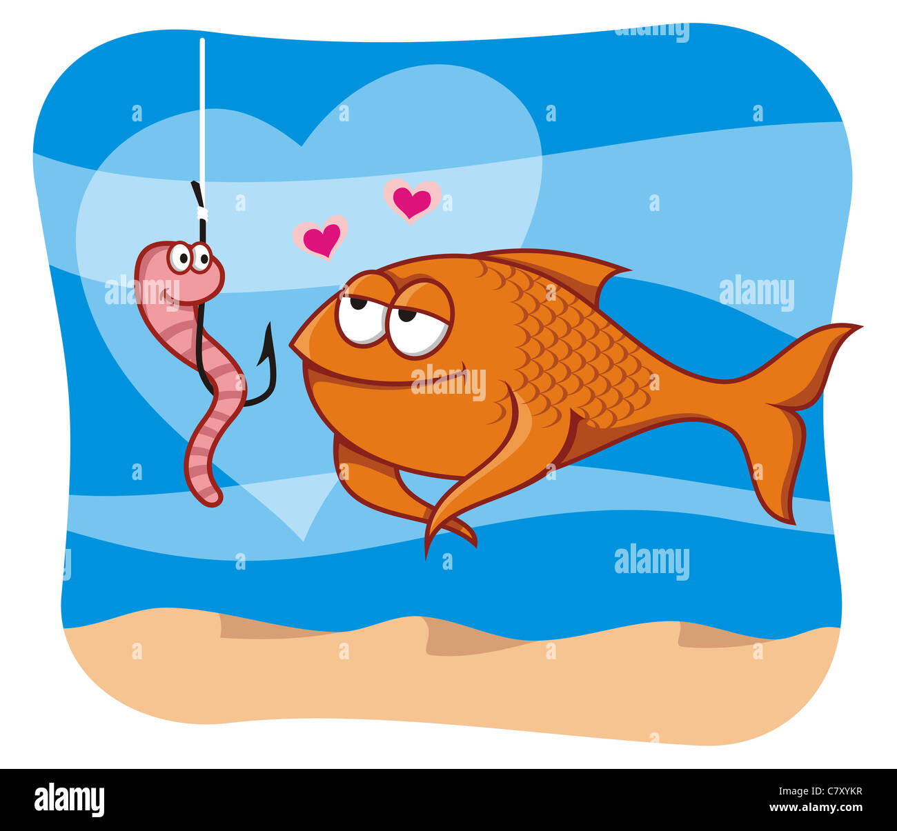 Cartoon illustration de poissons en amour avec le ver à l'hameçon appât Banque D'Images