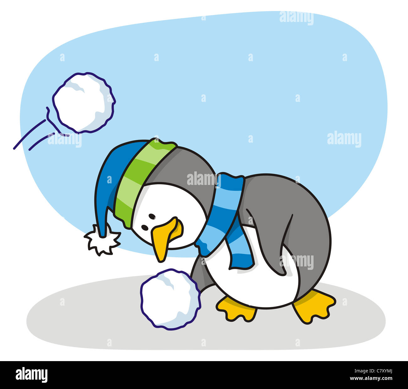 Vector cartoon de petit pingouin avec snow Banque D'Images
