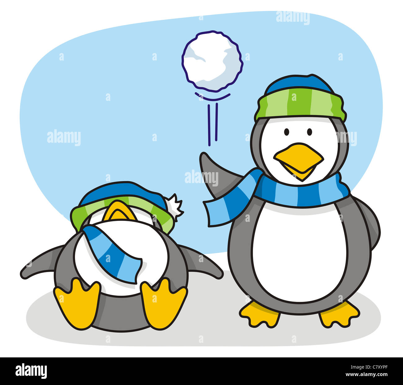Vector cartoon de deux petits pingouins avec snow Banque D'Images