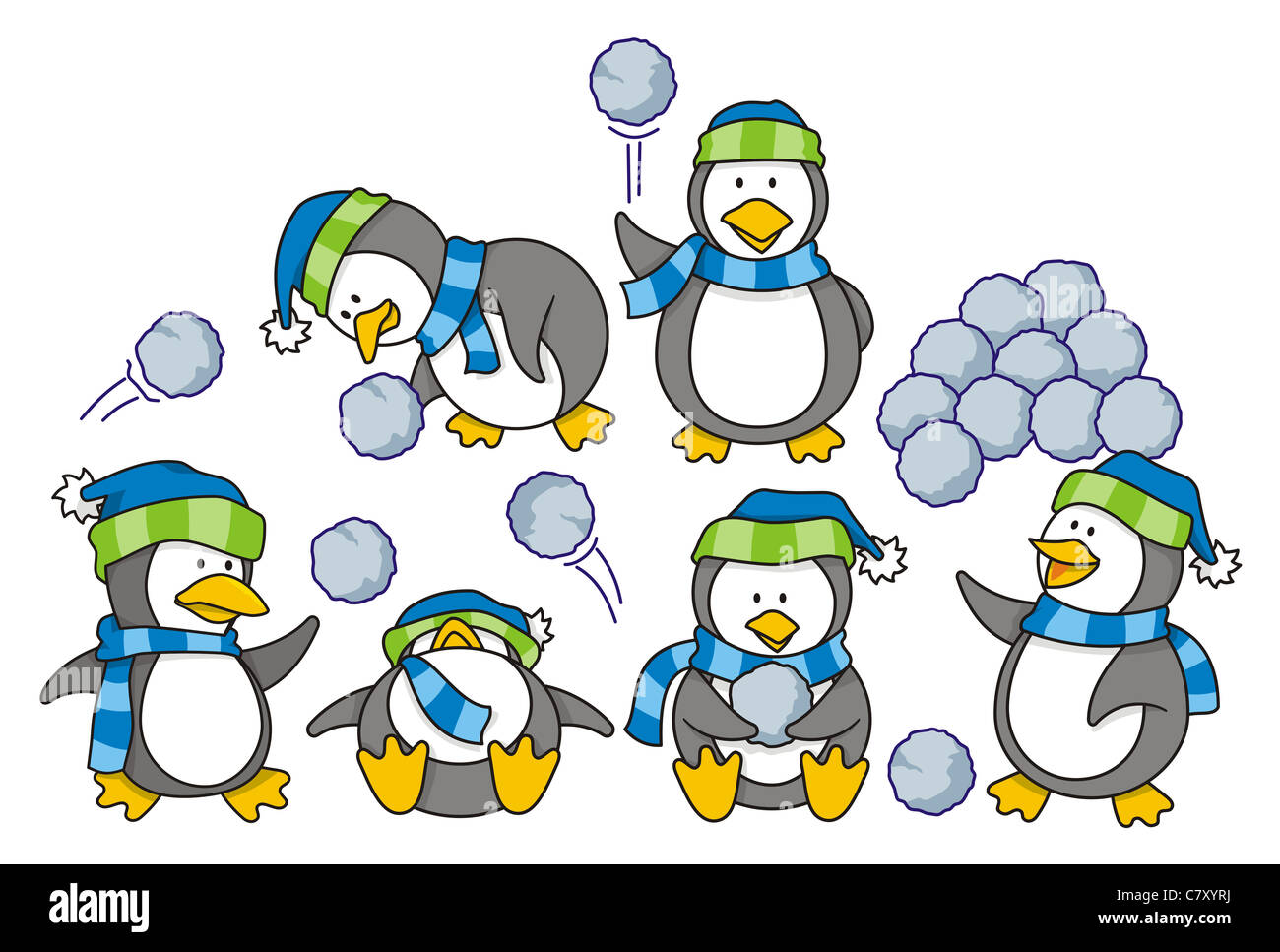 Caricature de petits pingouins dans la neige Banque D'Images