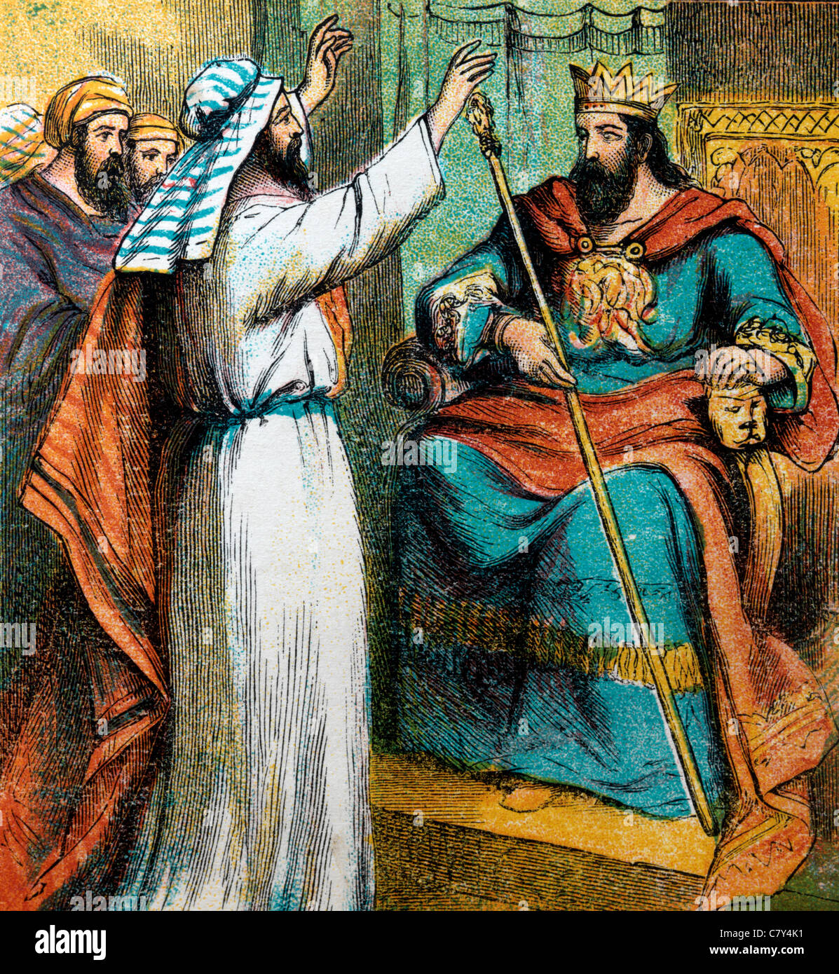 Histoires de la Bible- Illustration d'élie le Roi Achab d'avertissement de sécheresse Banque D'Images