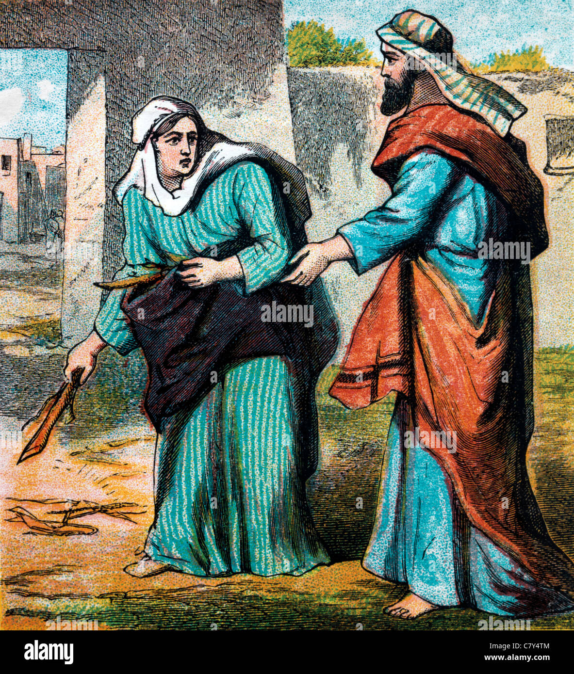 Histoires de la Bible- Illustration d'Élie arrivant à l'entrée de la Ville demande à la veuve pour un navire de l'eau Banque D'Images