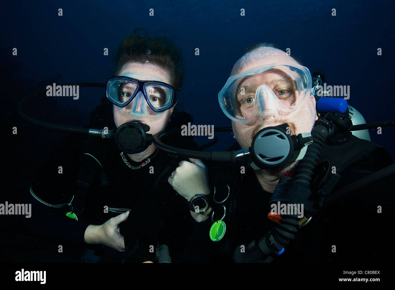 Les plongeurs autonomes pose devant l'appareil photo sous l'eau, Bonaire, des Caraïbes aux Pays-Bas. Banque D'Images