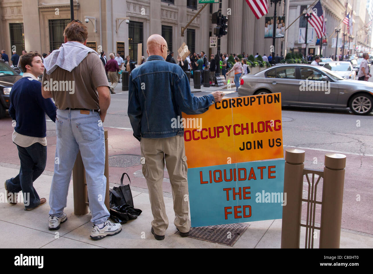 Les protestataires sur LaSalle Street Quartier Financier. Chicago, Illinois. Banque D'Images
