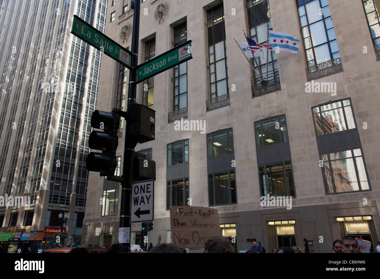 Coin de LaSalle et Jackson, Chicago. Chicago occupent de protestation. Banque D'Images