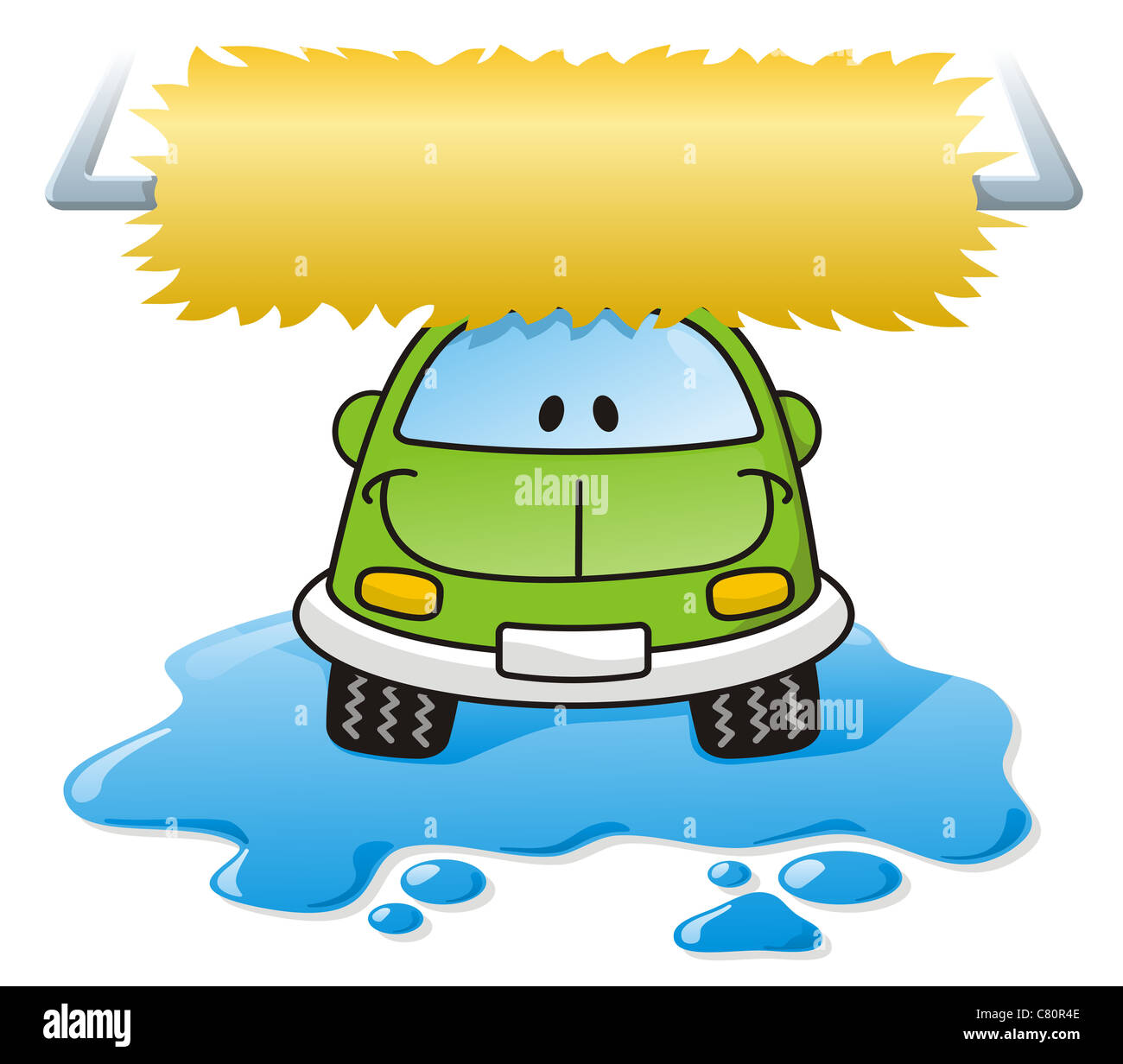 Lavage de voiture en dessin animé avec brosse rotative et les éclaboussures d'eau Banque D'Images