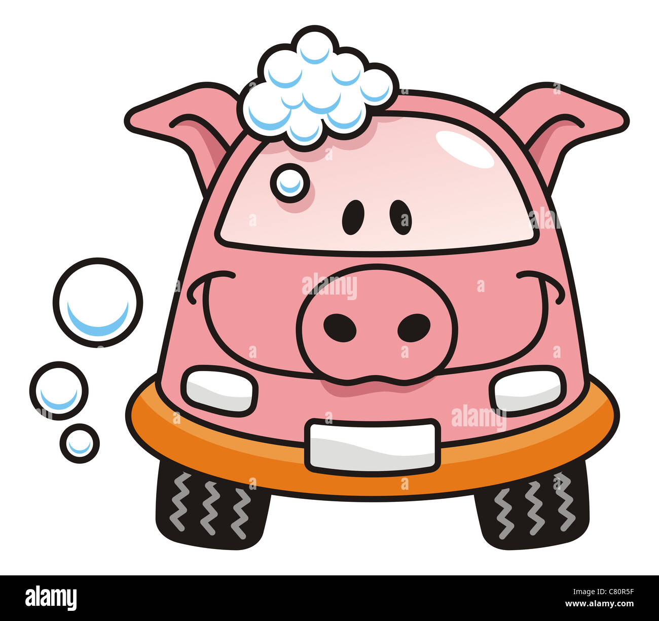 Un dessin animé cochon avec des bulles de savon de lavage de voiture Banque D'Images